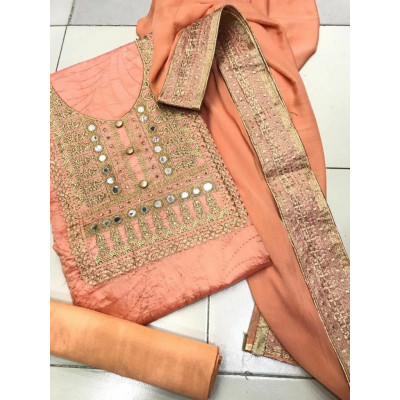 Chanderi and Santon Ladies Suit Peach Colour    